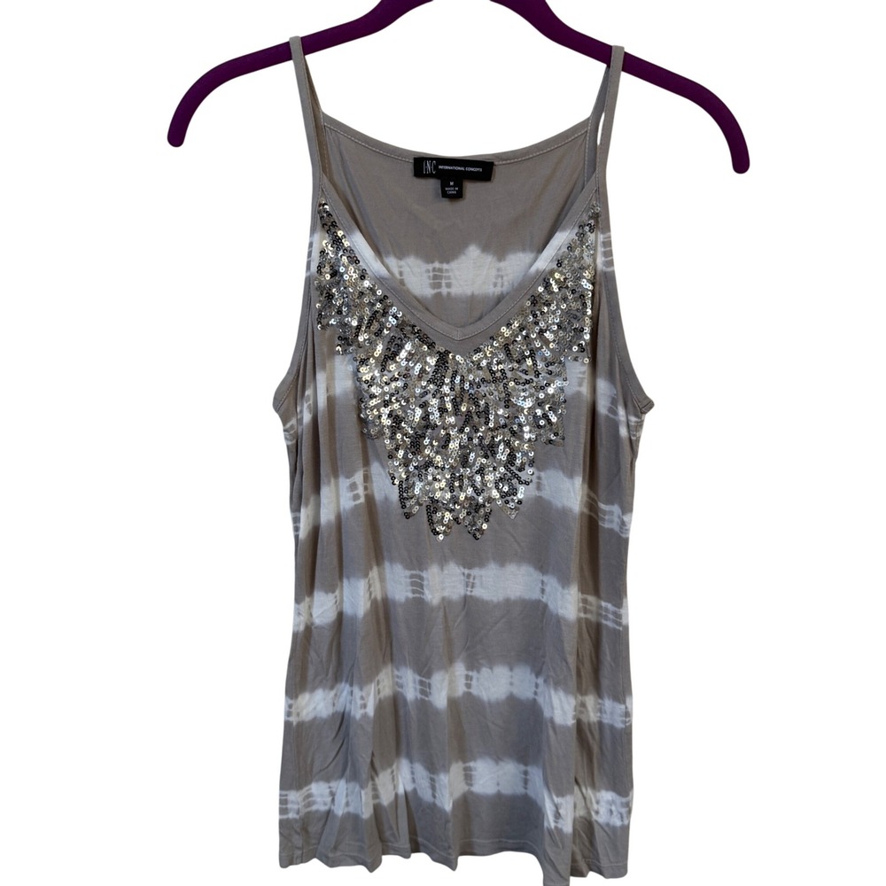 INC International Concepts Sequin Tie Dye Tank Top Gray Rayon Medium Boho Beach